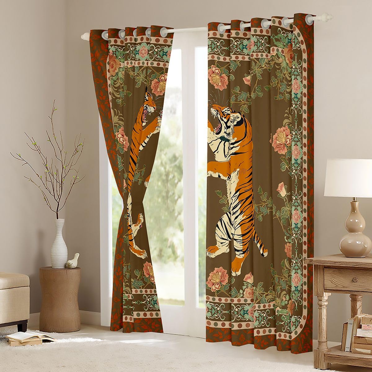 Homewish Vintage tygrys kwiatowe zasłony okienne, 117 x 183 cm, 2 zestawy paneli - zaciekłe symetryczne zasłony zaciemniające ze zwierzętami, ozdobne botaniczne zasłony okienne, zasłony boho, dżungla