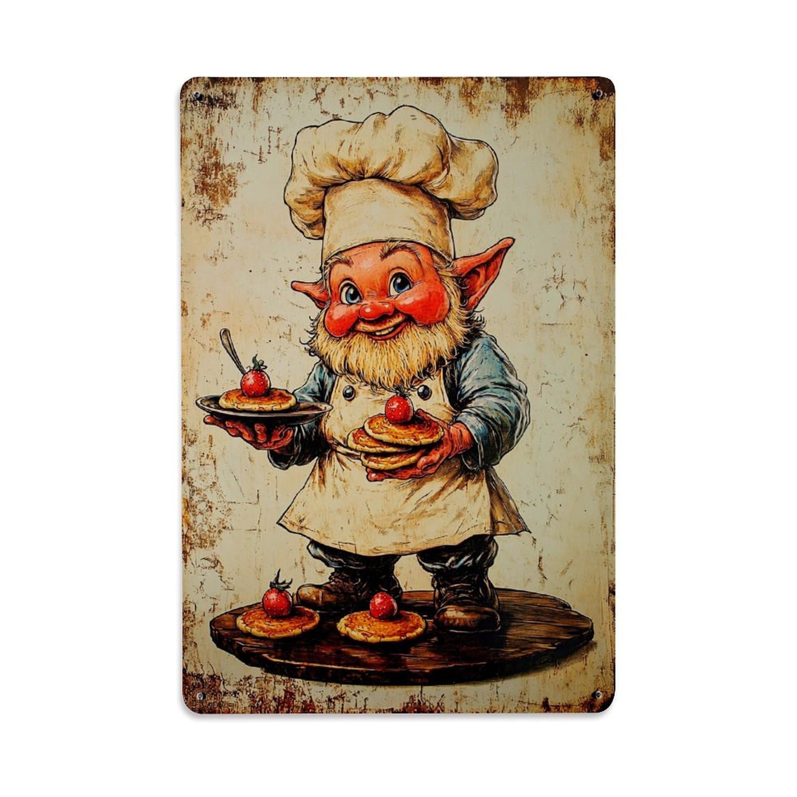 Jdfenggu Vintage Chef Gnome Pancakes Tomato Apron Retro Metal Tin Sign, Decor Art Poster For Bar, Home, Man Cave, Kitchen, Laundry Room Gift 8X12inch
