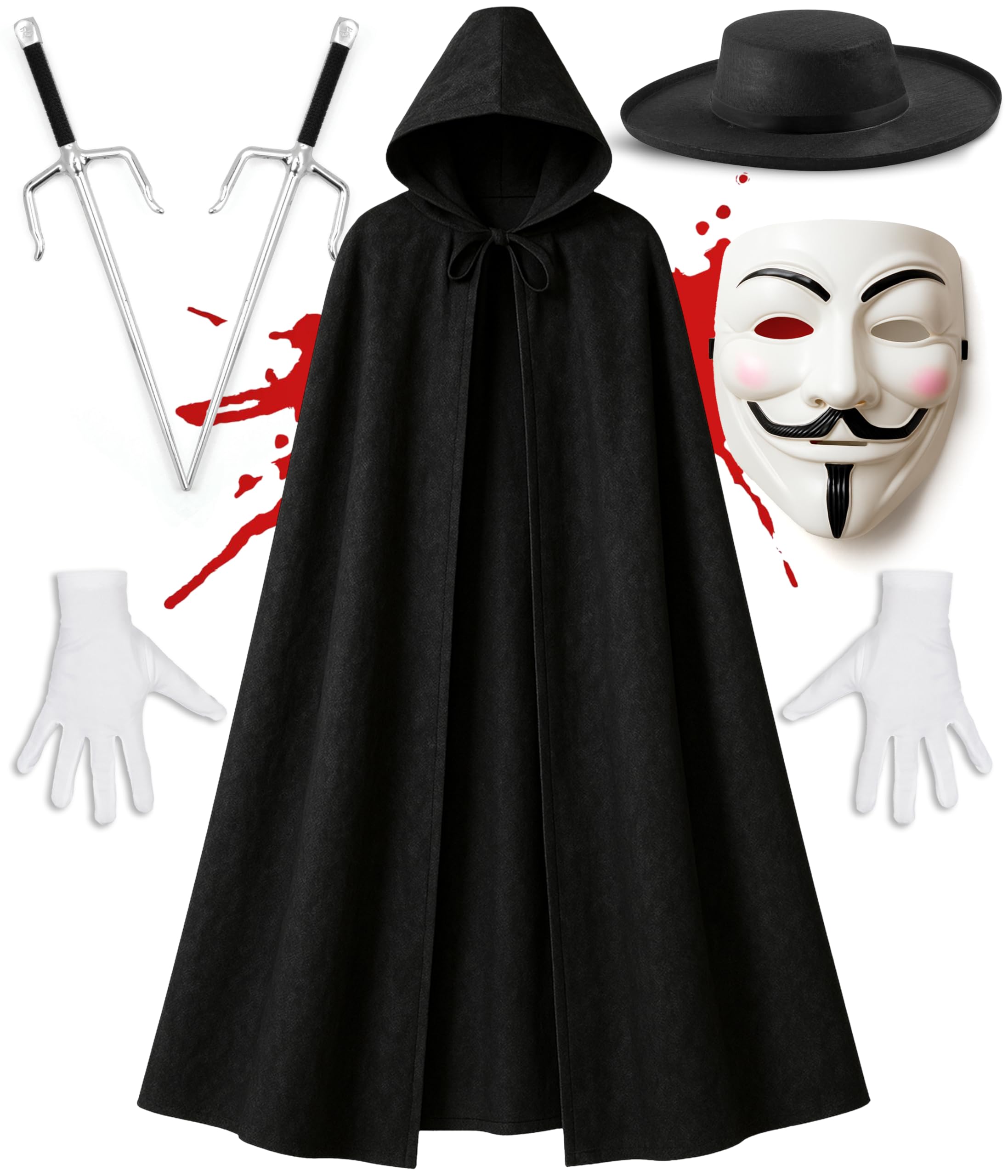 Mega_Jumble V for Vendetta Fancy Dress Costume Kit for Adult | Guy Fawkes Vendetta Mask + Black Hooded Cape + Hat + Twin Sias Dagger + Gloves | Anonymous Hacker Halloween Outfits