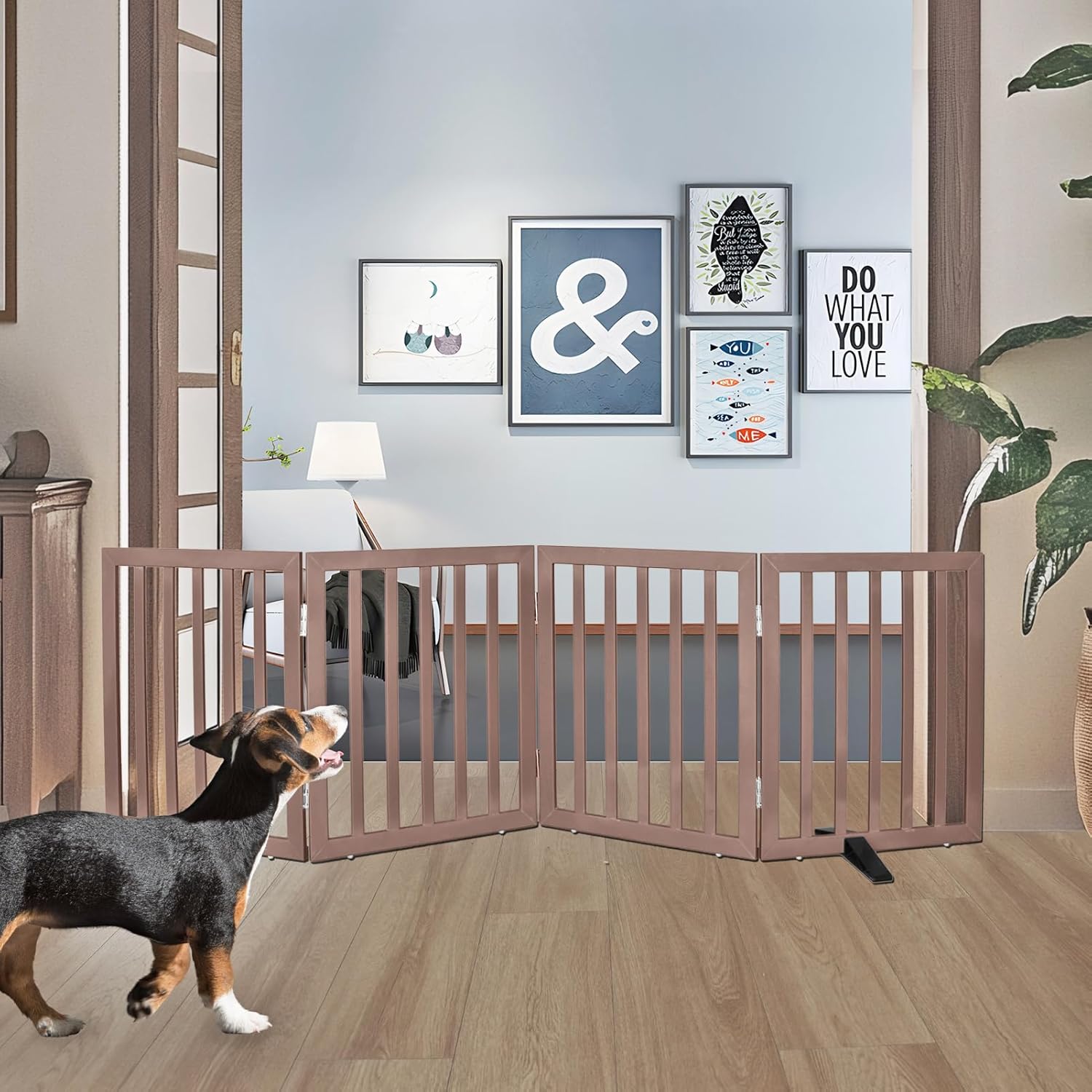 ZJSF Freestanding Indoor Dog Gate for House Foldable Wood Puppy Gate for Doorways Pet Gate for Stairs Extra Wide Pet Fence, Brown, 24" Height 4 Panels
