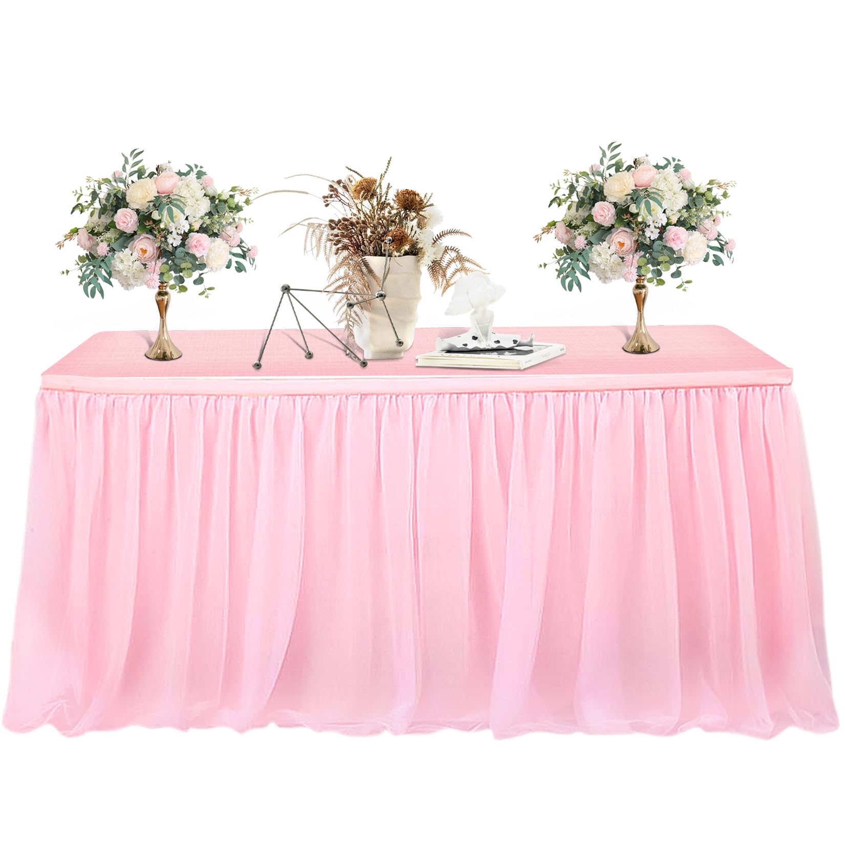 MAQIHAN 6 FT Pink Tulle Table Skirt – Table Skirt Tablecloth for Round Rectangular Tables Made of Tutu Fabric Restaurant Dessert Table Wedding Birthday Party Decor Disposable