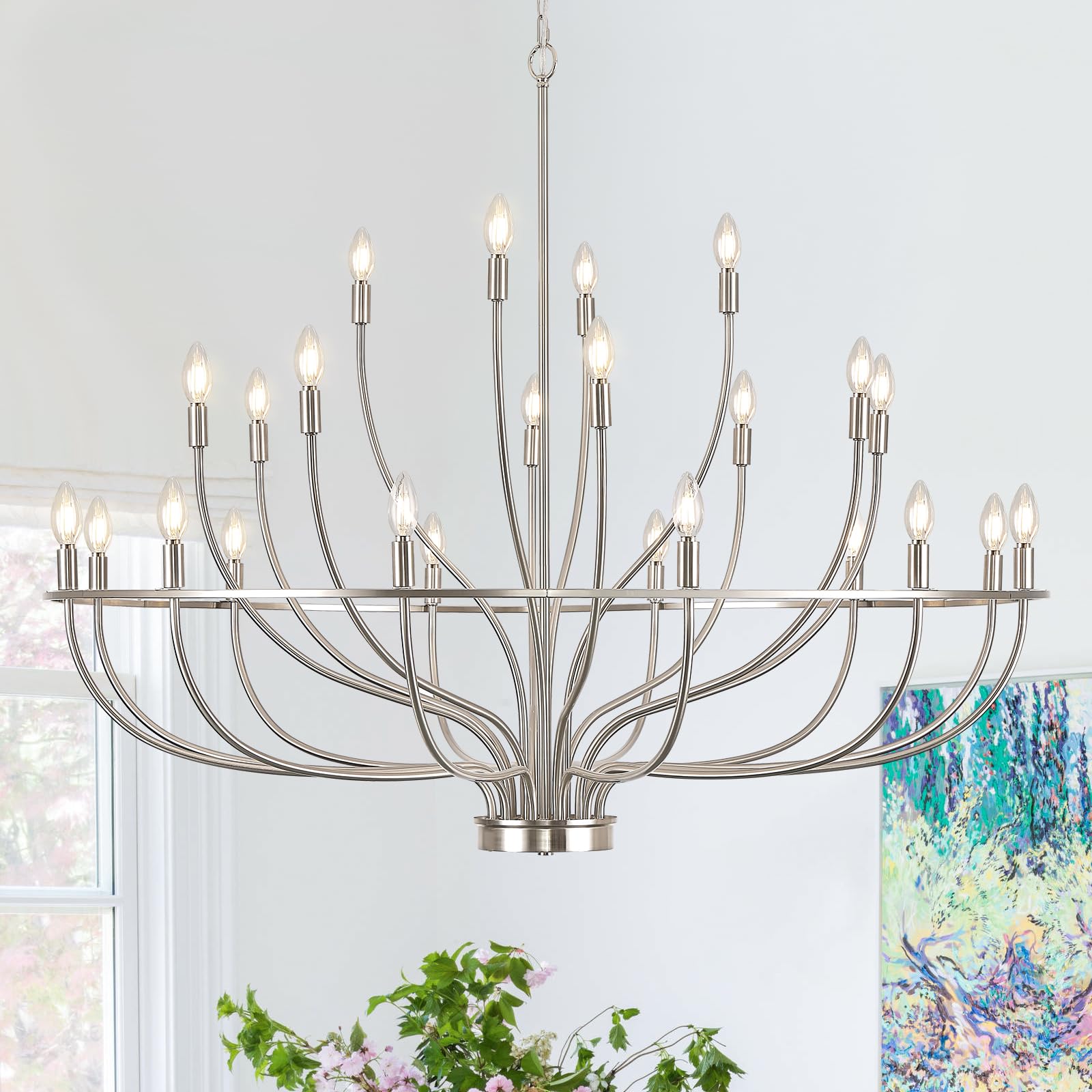 24 Light Brushed Nickel Chandelier 51'' Large Candle Chandeliers for High Ceiling Foyer Modern Classic Chandelier Light Fixture for Large Living Room