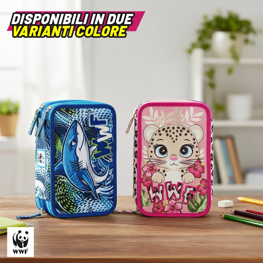 WWF - Astuccio Scuola Ufficiale WWF, Astuccio 3 Scomparti Bambino e Bambina con Set Cancelleria, Penna Cancellabile Blu e Pratica Chiusura a Zip, 20x13Hx7 cm
