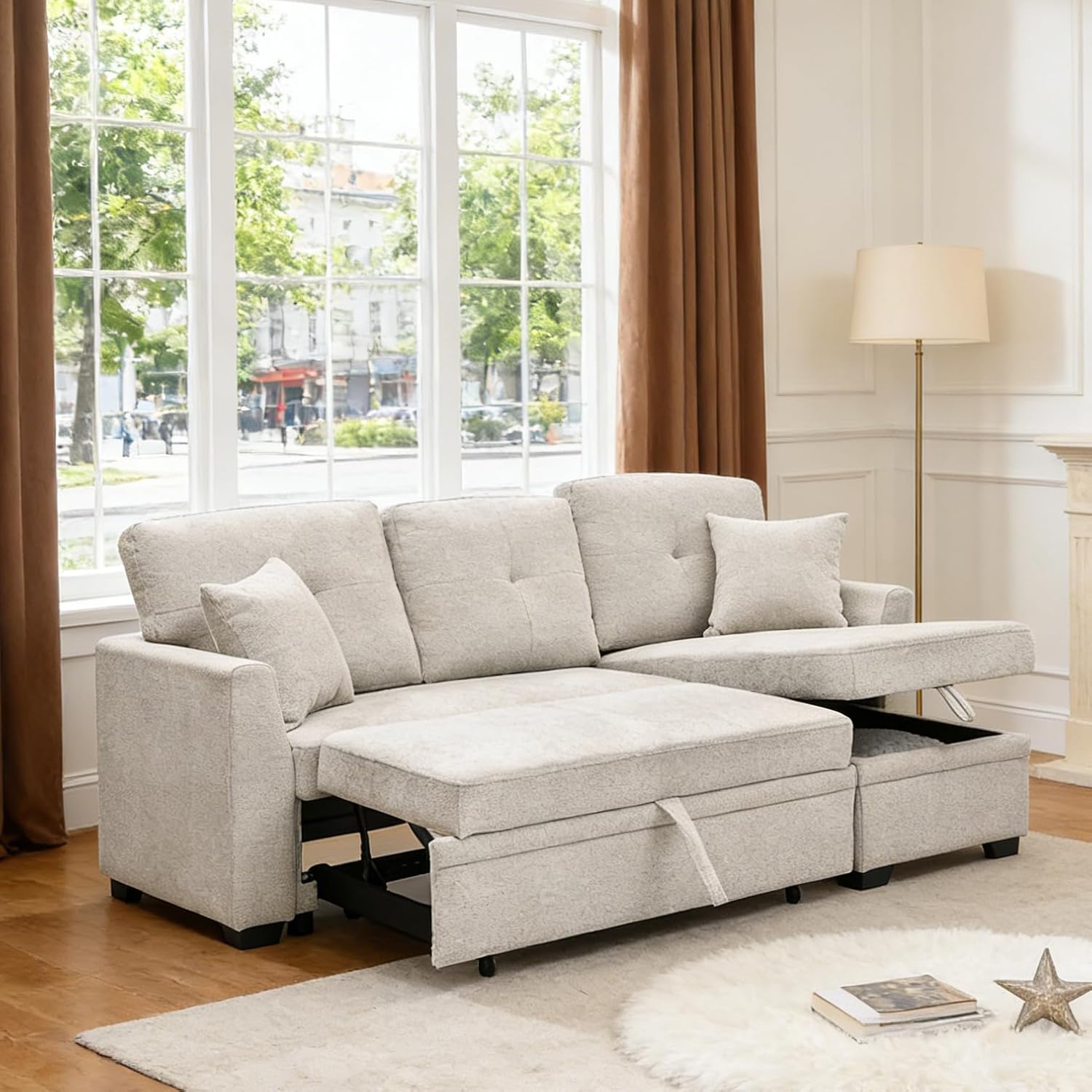 Sectional Sleeper Sofa with Pull Out Bed, L Shape Convertible Chenille Couch with Storage Chaise, 2 in 1 Pull Out Sofa Bed with 2 Seats, for Living Room, Apartment, Beige