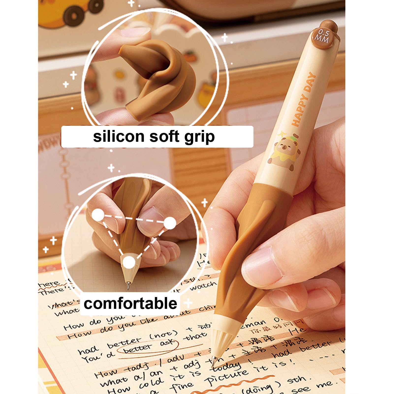 3 Pcs Cute Gel Pens Capybara Retractable Pens Cartoon Soft Grip Pen 0 5mm Fine Point Black Ink — view 3