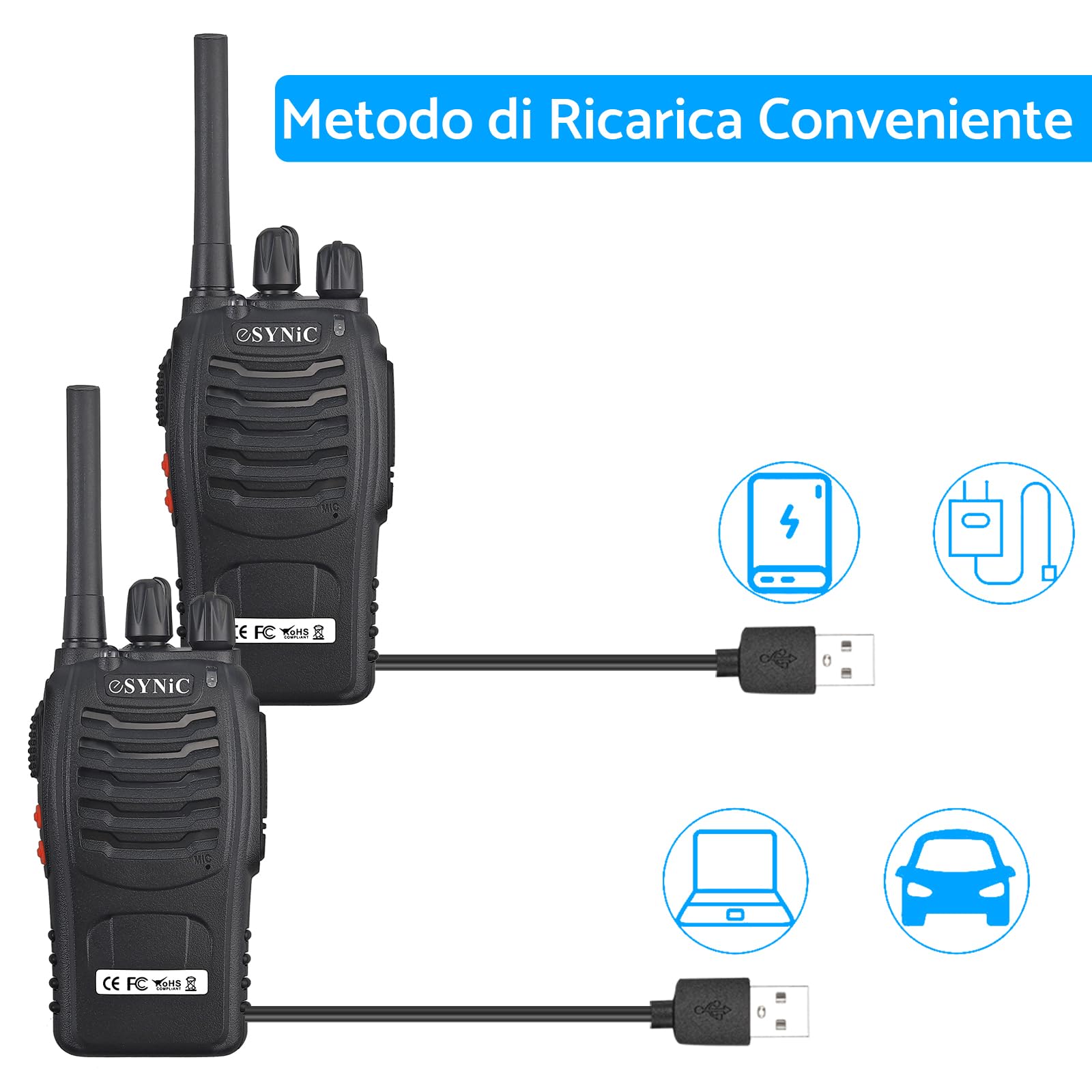 ESYNiC 2 Paio Walkie Talkie Radio USB Ricaricabile PMR 446MHz VOX Ricetrasmittente Portatile 16 Canali Singola Banda Walkie-Talkie Professionali con Cavo Auricolari Funzione Torcia Elettrica