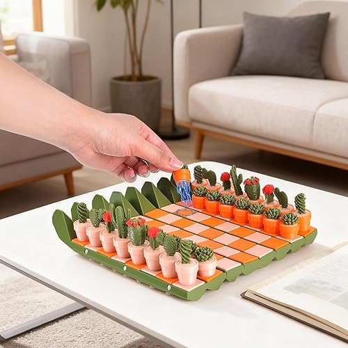 Miniatura 5 de Juego de ajedrez de cactus para adultos y niños, 32 piezas únicas de cactus impresas en 3D con alfombrilla enrollable y caja de almacenamiento para
