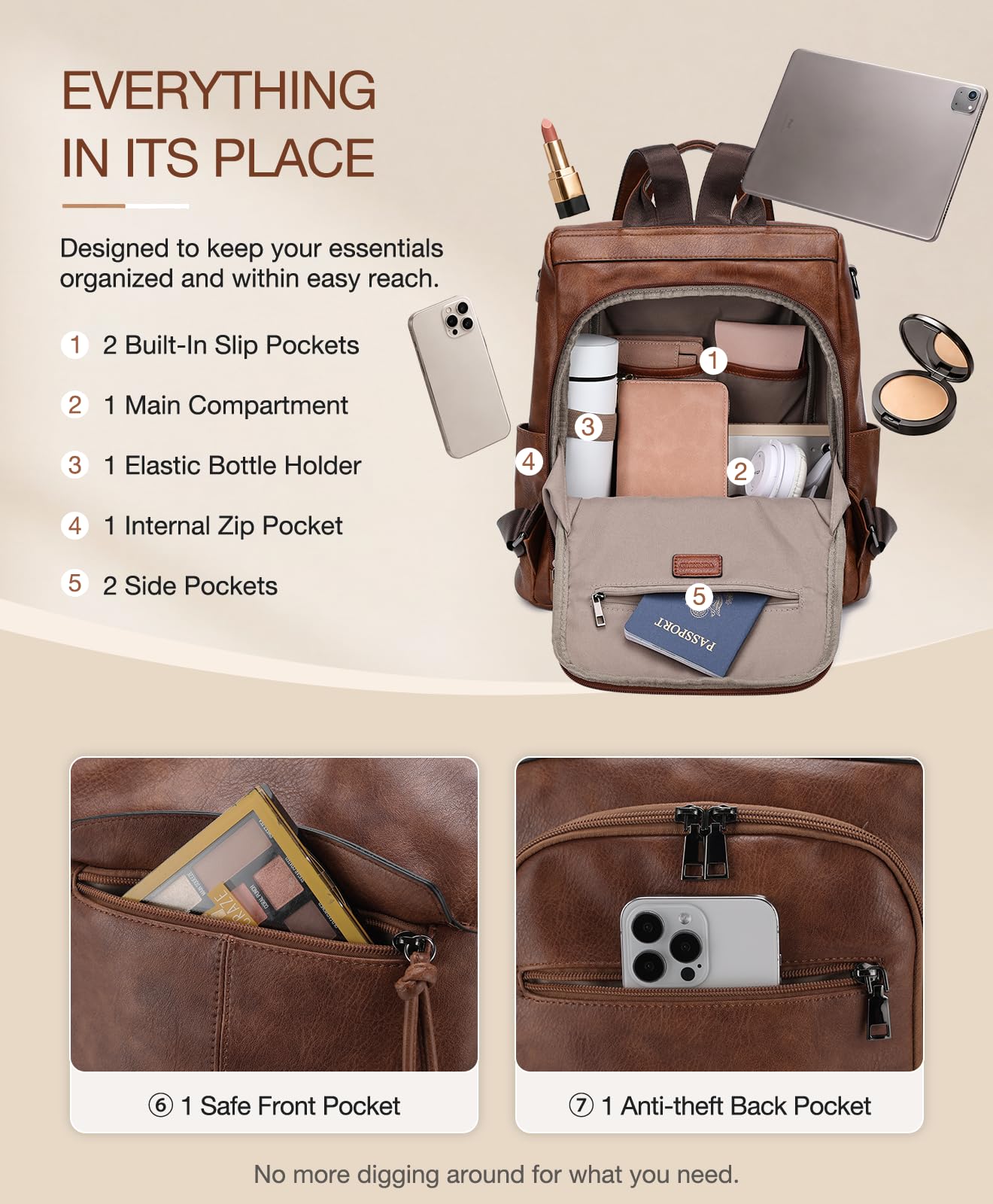 VX VONXURY Mochila Antirrobo Mujer de Cuero PU Mochila Mujer Casual Convertible Bolso Hombro Mujer para Escuela Viaje Trabajo