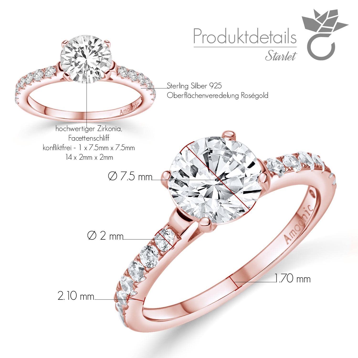 Verlobungsring Rosegold Damen mit Stein (15 Zirkonia Steine), Antragsring