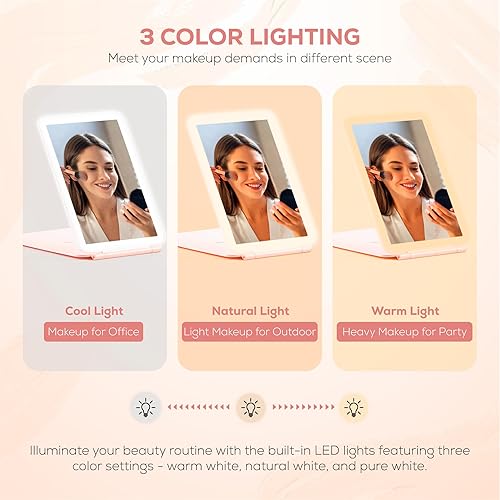 Miniatura 4 de Espejo de maquillaje portátil plegable con luz LED, tamaño iPad, recargable por USB, 3 ajustes de color, tecnología regulable (rosa)