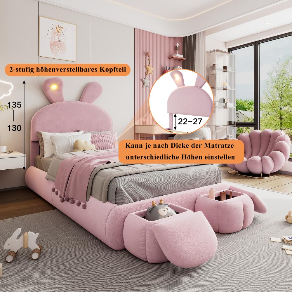 Cama infantil 90 x 200 cm, orejas de conejo brillantes, tiras luminosas cálidas, 2 taburetes de almacenamiento, listones de madera, terciopelo rosa
