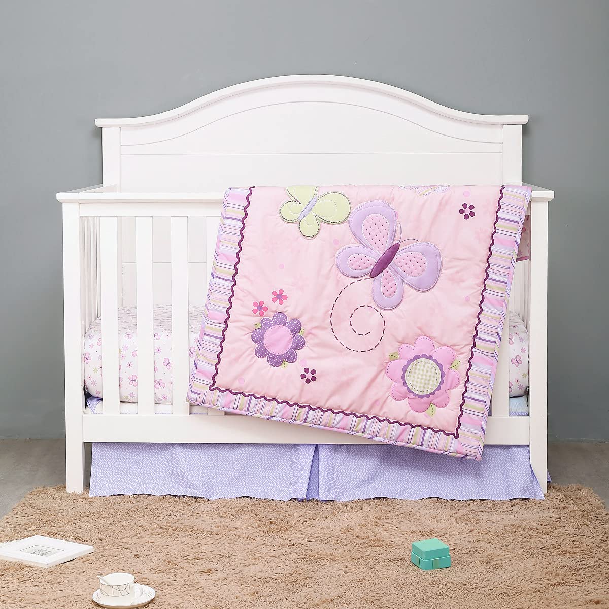 Baevellery Crib Bed Set Baby Girl Nursery Bedding Embroidery 3Piece Crib Bedding with Butterfly Flower Pink Purple - Fitted Sheet Comforter Crib Skirt