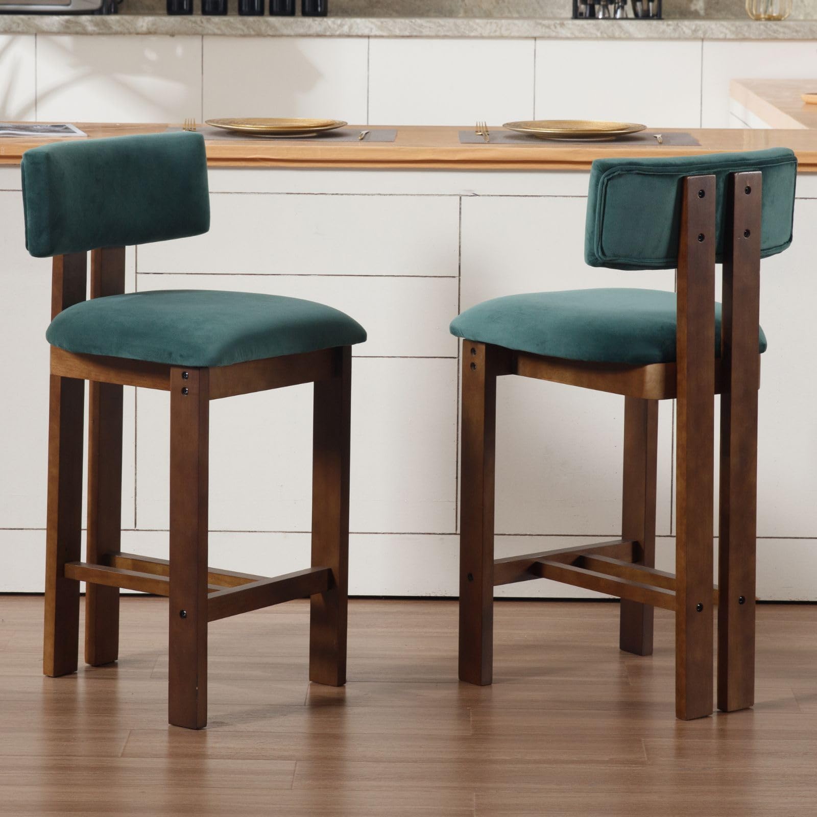Ya-Home Bar Stools Set of 2 Comfort Padded Kitchen Counter Stools with Wooden Legs, Velvet Bar Chairs for Home Kitchen, Green