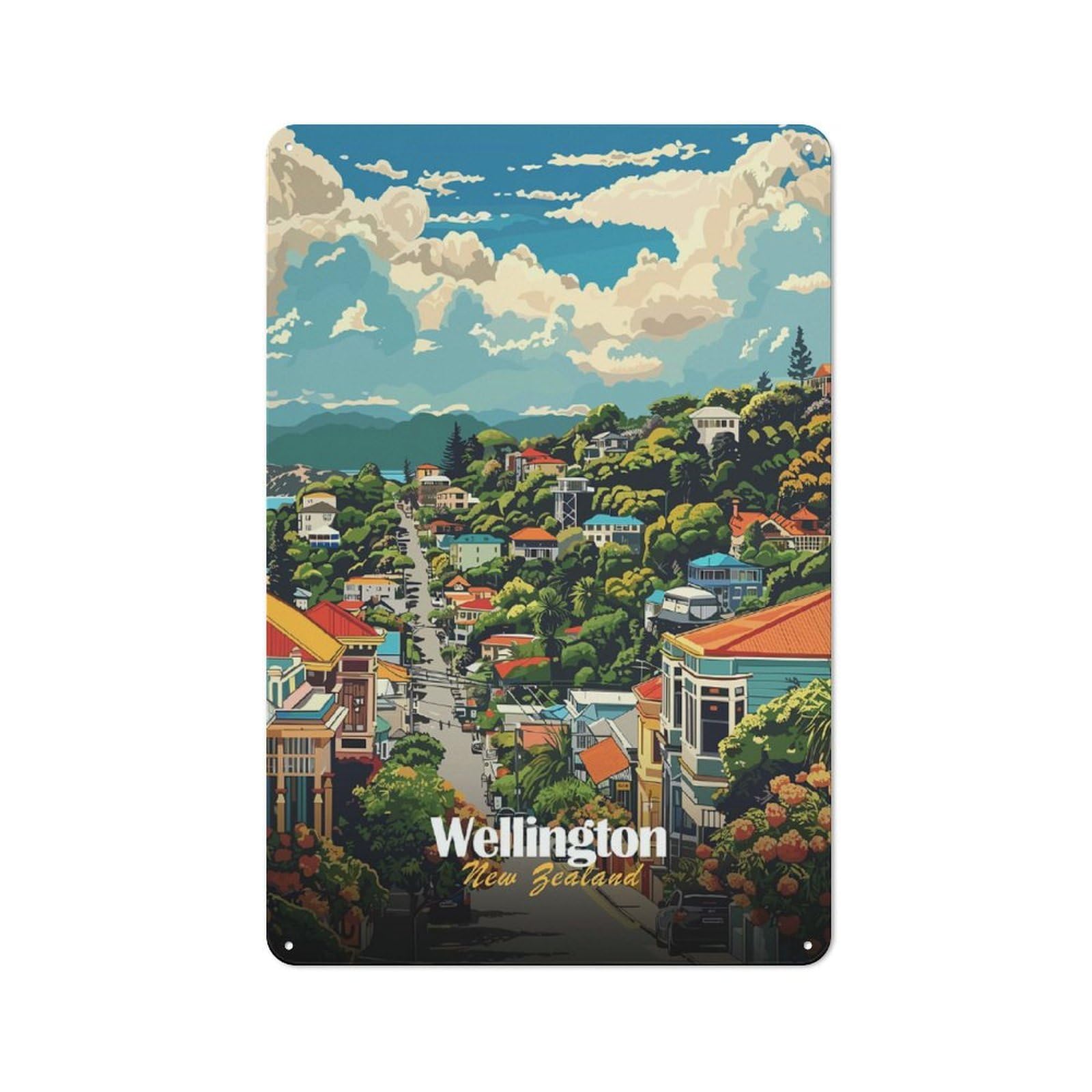Junmoney Wellington, New Zealand Cityscape Metal Sign 30X20cm With For Workshop Wall, Retro Decor, For Garage, Workshop And Man Cave Decoration