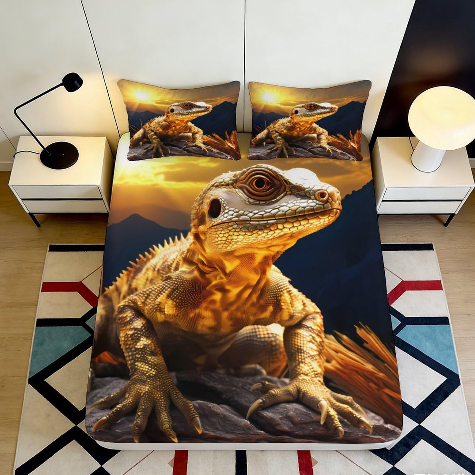 3D Printed Lizard Fitted Sheet Microfiber Non-Slip Deep Pocket Bedroom Bedding Lizard Mattress Fitted Cover Washable 200x200x25cm