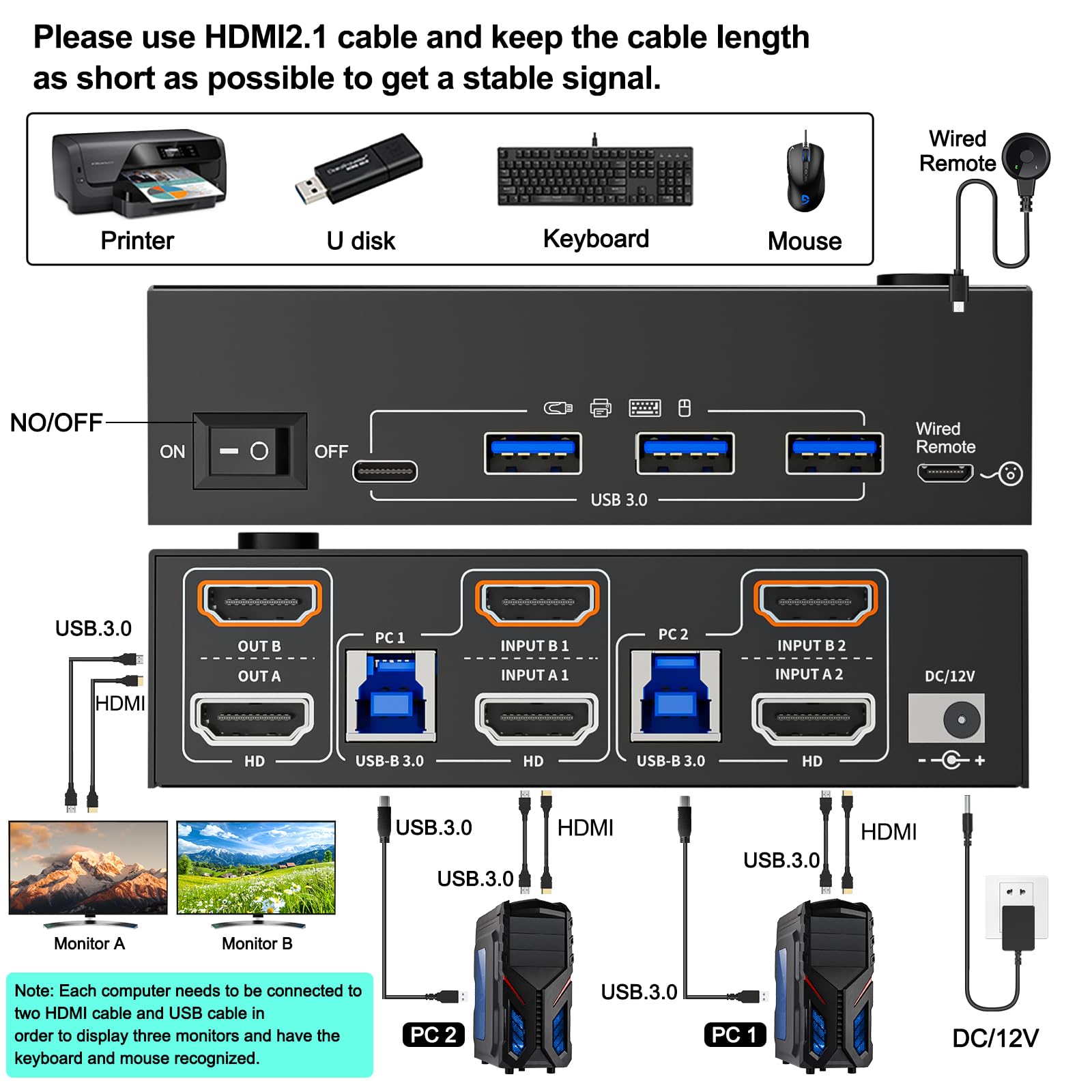 Commutateur KVM HDMI 8K @ 60Hz/4K@120Hz, commutateur KVM HDMI pour 2 ordinateurs, 2 moniteurs et 4 appareils USB 3.0, télécommande filaire et câble USB inclus