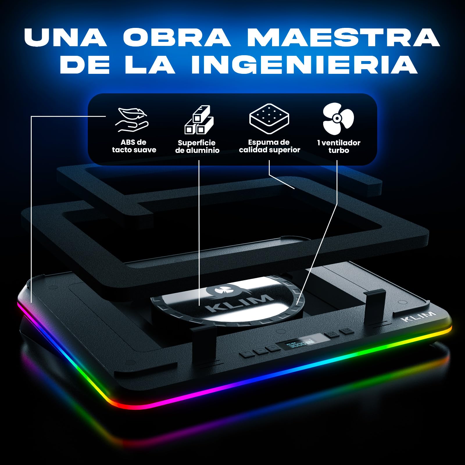 KLIM Turbofrost MAX - Base Refrigeradora Portátil RGB, con Potente Turbofan XL, para Portátil, 15.6-17, Nuevo Sistema para un Flujo de Aire Óptimo, Velocidad Ajustable, Pantalla LCD