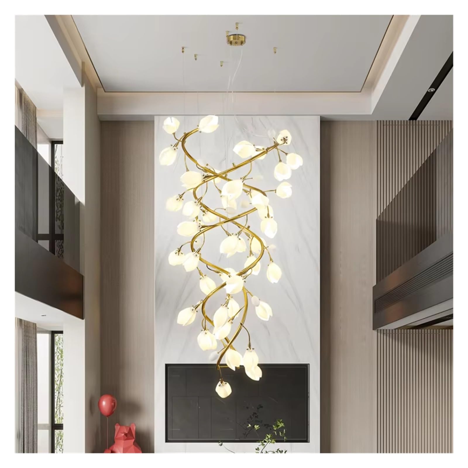 PCXEHUYP Luxury Staircase Crystal Chandelier Lights Gold,Magnolia Flowers Hanging for Hall Stairway Hotel Lobby,
