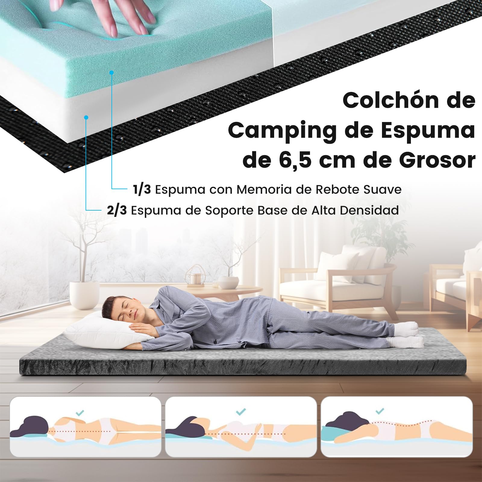 GYMAX Colchón de Espuma Viscoelástica con Bolsa de Transporte, Colchón de Aire, Colchón de Suelo Enrollable, para Camping, 183 x 62,5 x 6,5 cm