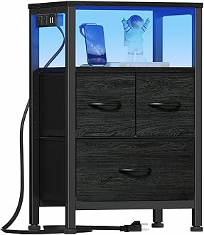 Furnulem Black Bedside Table with Wooden Shelf, Bed Side Table with LED Light and Charging Station, 26" Side Table with 3 Fabric Storage Drawers, Small Stand