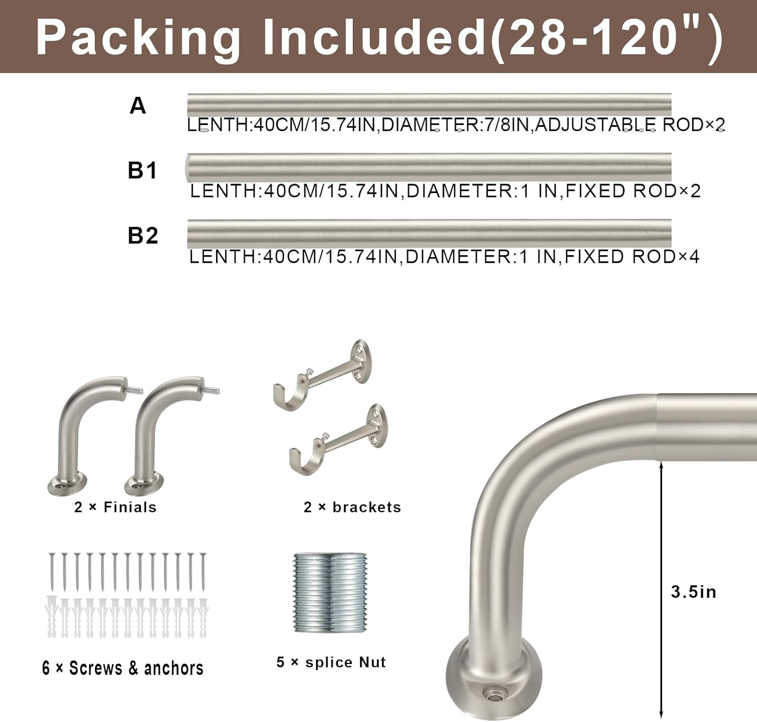 2 Pack 1Inch Diameter Wrap Around Curtain Rods for windows 28-120 inch(2.3-10Ft), Splicing Adjustable Room Darking Drapery Rod with Aluminum Finials and Brackets,Satin Nickel