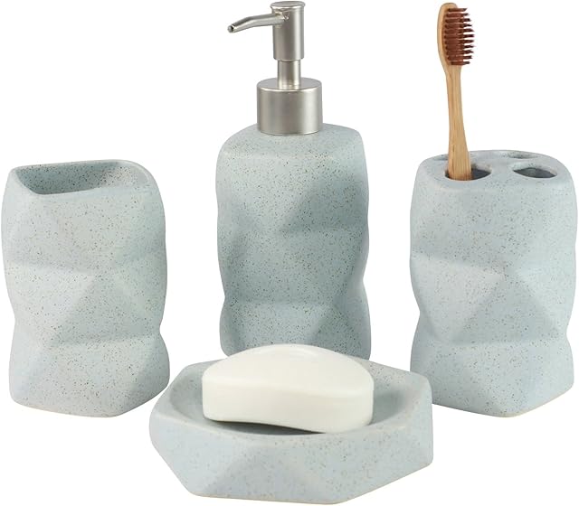 GOLDBEARUK Bathroom Accessory Set Geometric Duck Egg Blue Ceramic 4 Piece