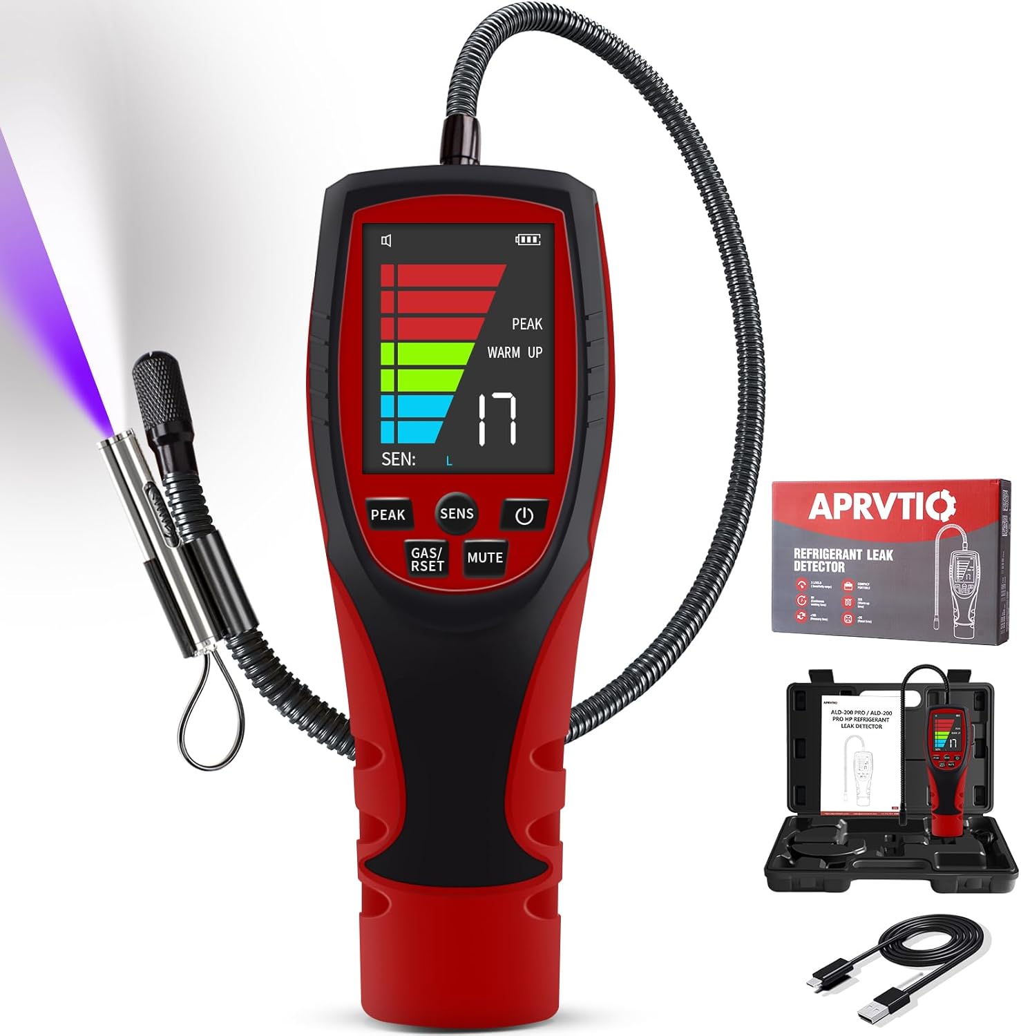 Refrigerant Leak Detector for Air Source Heat Pumps, Aprvtio ALD-200 PRO ASHP Freon Leak Detector for R410A, R407C, R32, R1234ze.16 Inch Sensor Probe with 0.14oz./yr. Max. Sensitivity