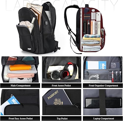 Miniatura 2 de Mochila negra para hombres y mujeres, mochila escolar para niños, niñas y adolescentes, mochilas para laptop de 15.6 pulgadas con puerto USB, bolsa