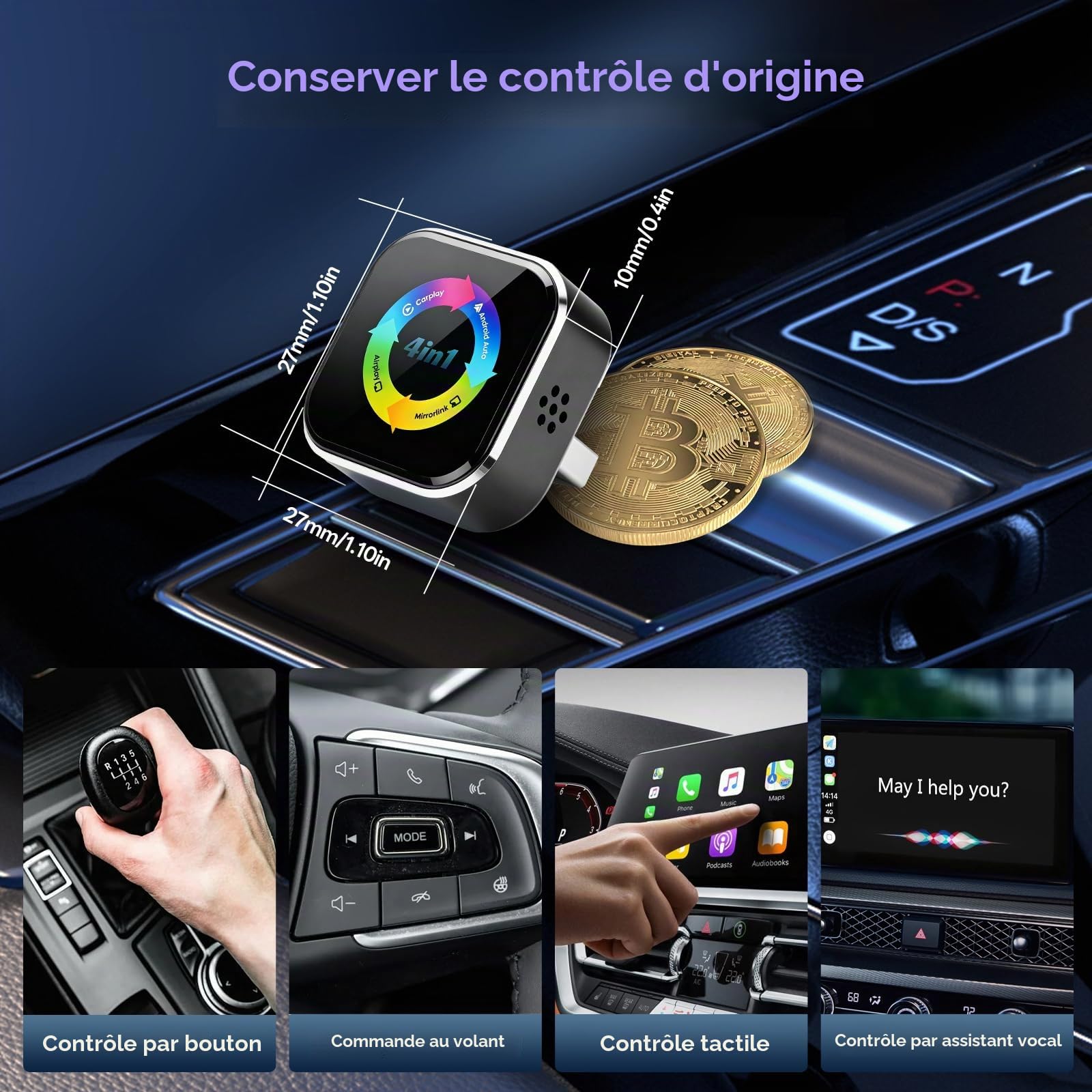 Adaptateur sans Fil CarPlay 4 en 1 - Filaire vers sans Fil pour Car-Play & Android Auto avec Mirror Link & AirPlay, Module CarPlay sans Fil Plug & Play pour téléphone et Android, Voitures à partir de
