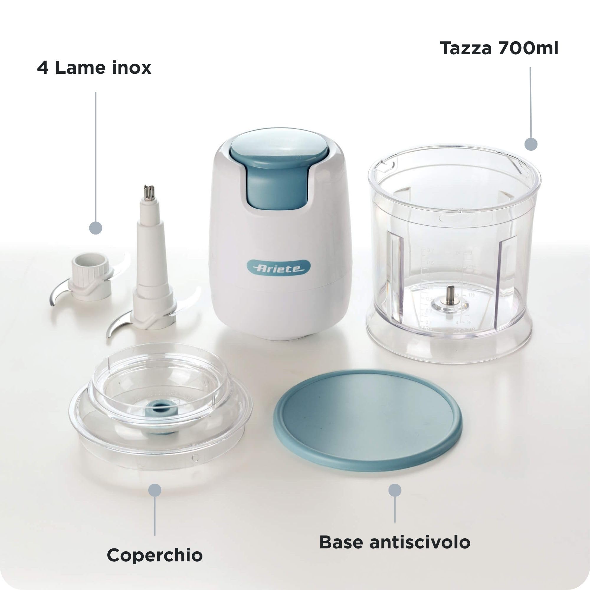 Ariete 437 Tritatutto Breakfast, Chopper, 400W, Capacità 700ml, 4 lame in acciaio inox, 2 velocità, Base antiscivolo, Bianco