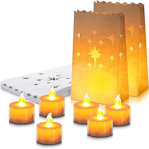 Honoson 24 Sets Christmas White Luminary Bags with Flameless Candles Flame Resistant Candle Bags Luminaries Candle Bag for Wedding, Birthday, Festival, Engagement, Proposal Party