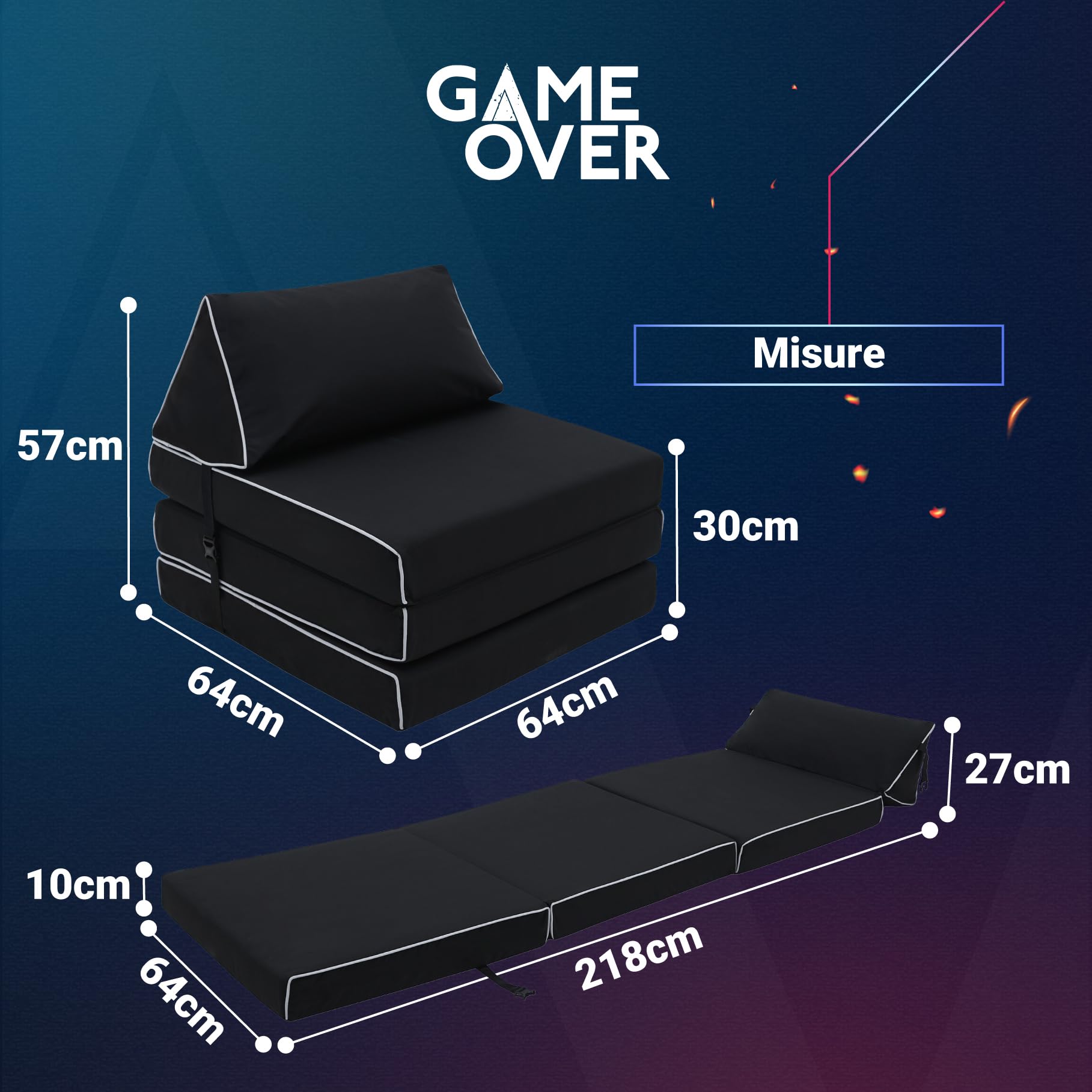 Game Over Materasso Pieghevole a Z Bed 218x64cm Materasso Pieghevole per Interni e per Esterni Divano Letto, Set Futon per le Serate di Gioco, Ottimo per i Sleepover e Gli Ospiti (Fumo Cosmico)