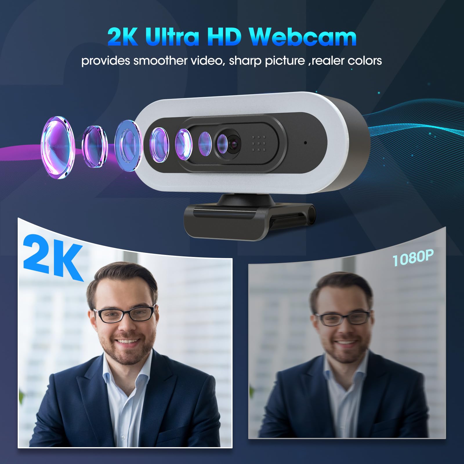 ToLuLu Cámara web RGB LED 2K 50FPS con micrófono y luz, cubierta de enfoque automático y trípode, cámara USB Plug and Play para juegos de PC/Mac y videollamadas