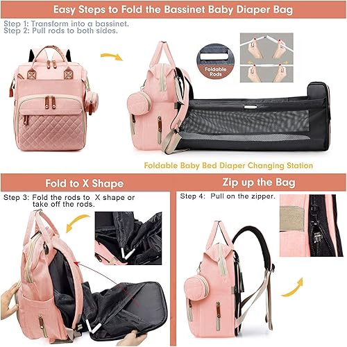 Miniatura 8 de Mochila para pañales para bebé con cambiador, bolsas impermeables para niños y niñas, Rosado, Multifunción