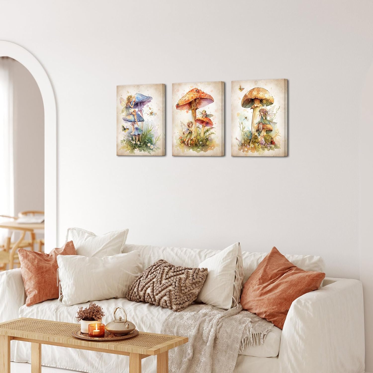 Biuteawal 3 Panels Vintage Mushroom Wall Art Botanical Nature Plant Landscape Picture Butterflies Fairytale Theme Painting Canvas Print Rustic Country Fungus Artwork Framed Home Decoration