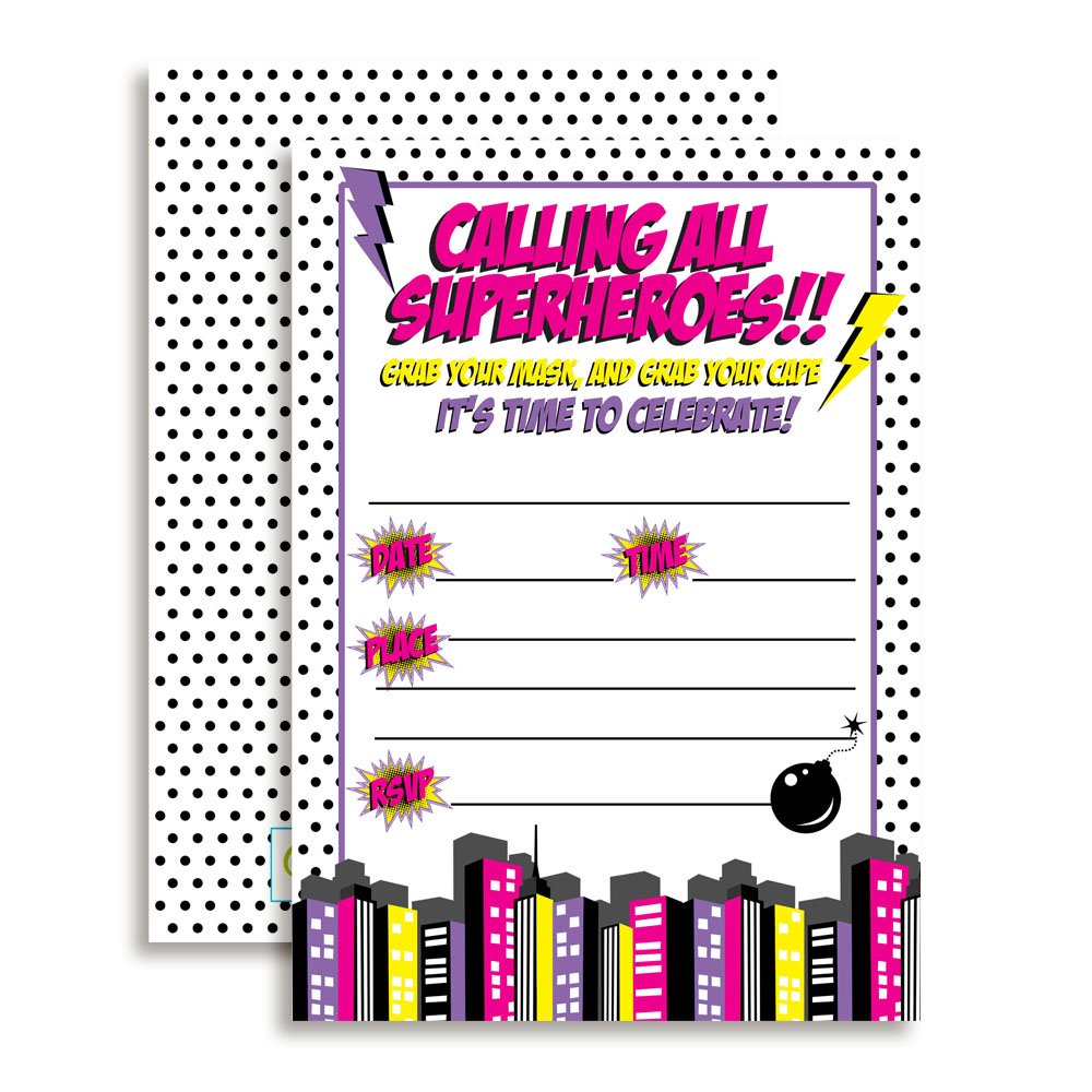 Super Hero Girl Birthday Party Invitations, 20 5x7 Fill In Cards with Twenty White Envelopes by AmandaCreation