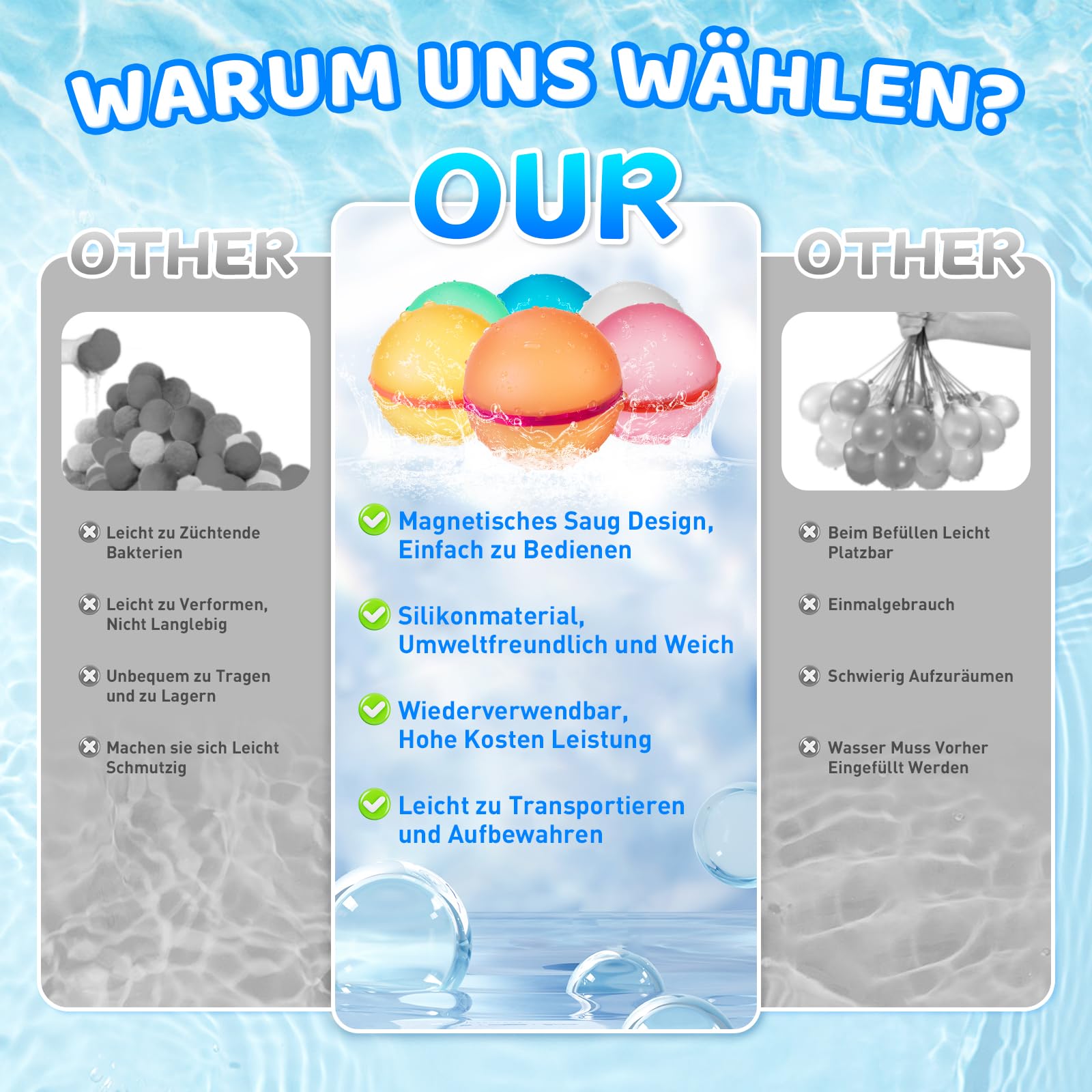 12 Stück Wasserbomben Wiederverwendbar, Selbstschließende Silikon Wasserbomben mit Mesh Tasche, Wasserbombens Set, Geeignet für Kinder, Erwachsene, Strand, Poolparty