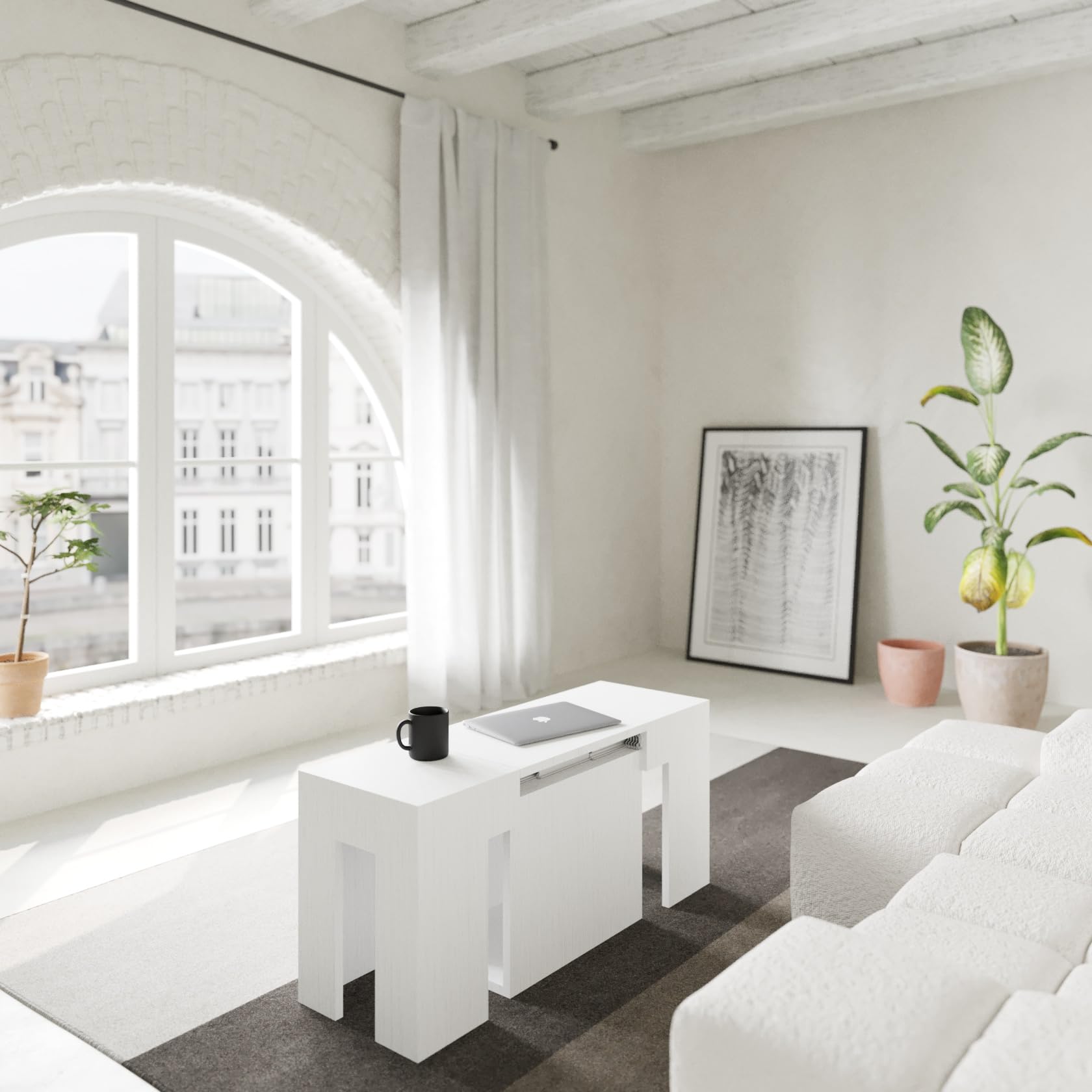 VE.CA.s.r.l. - Panca Allungabile Candy - In Legno Nobilitato - Con Porta Prolunghe - Allungabile Fino a 3 Metri - Arredo Casa, Cucina - Colore: Bianco Frassinato - Made in Italy
