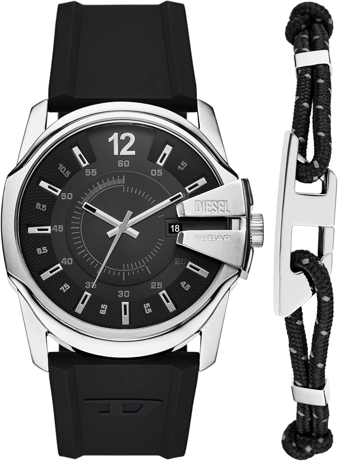 Diesel Men's Master Chief Three-Hand Date Black Silicone Watch and Cord Bracelet Set (Model: DZ4700SET) - Image 1 of 7