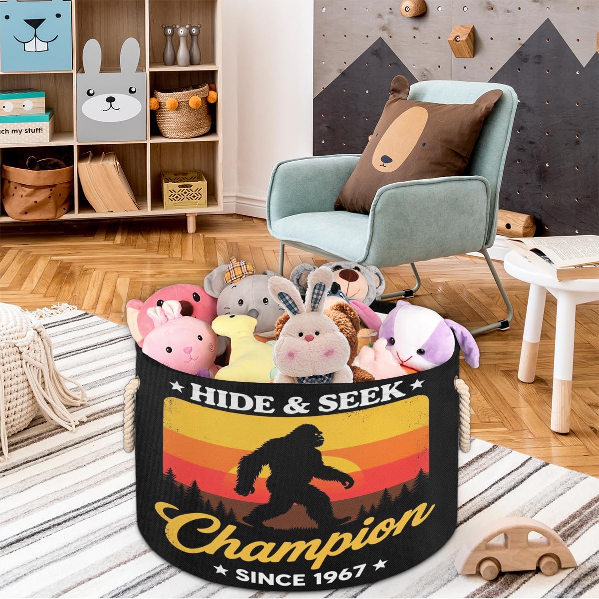 Large Storage Baskets - Bigfoot Nursery Round Collapsible Organizer Bin Box, Laundry Hamper for Kids Toys, Blanket, Bedroom Living Room Home Decor, Gift Basket, 19.4"x13.3"