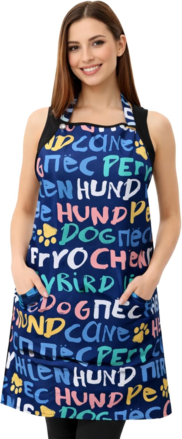 Ladybird Line 620 Universal Dog Name Print Waterproof Grooming and Styling Apron, Hair and Bleach Resistant, 2 Front Pockets, Adjustable Neckband, Ideal for Pet Groomers