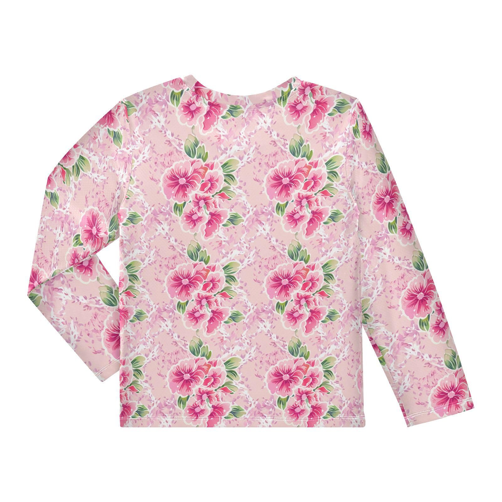 Floral Blossom Leaves Pink Boy's Rash Guard Swim Shirt Long Sleeve Sun Shirt for Kids Toddlers UPF50+ 4T
