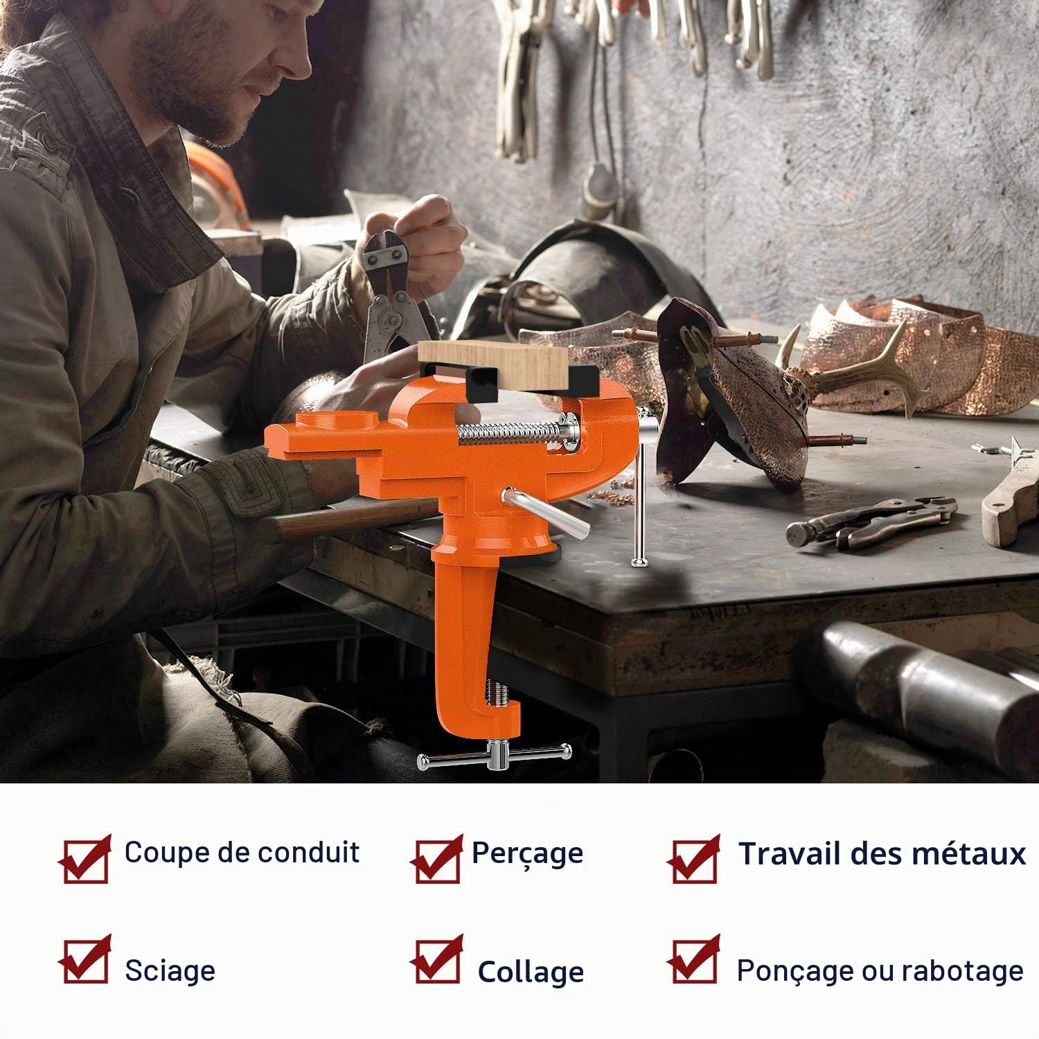 Nuovoware Largeur de Mâchoire 70mm Étaux d'Établi, Étau avec Base Pivotante à 360 Degrés, Mâchoire Trempé Robuste et Antirouille, Pince de Table pour Travail du Bois Travail des Métaux Sciage - Orange