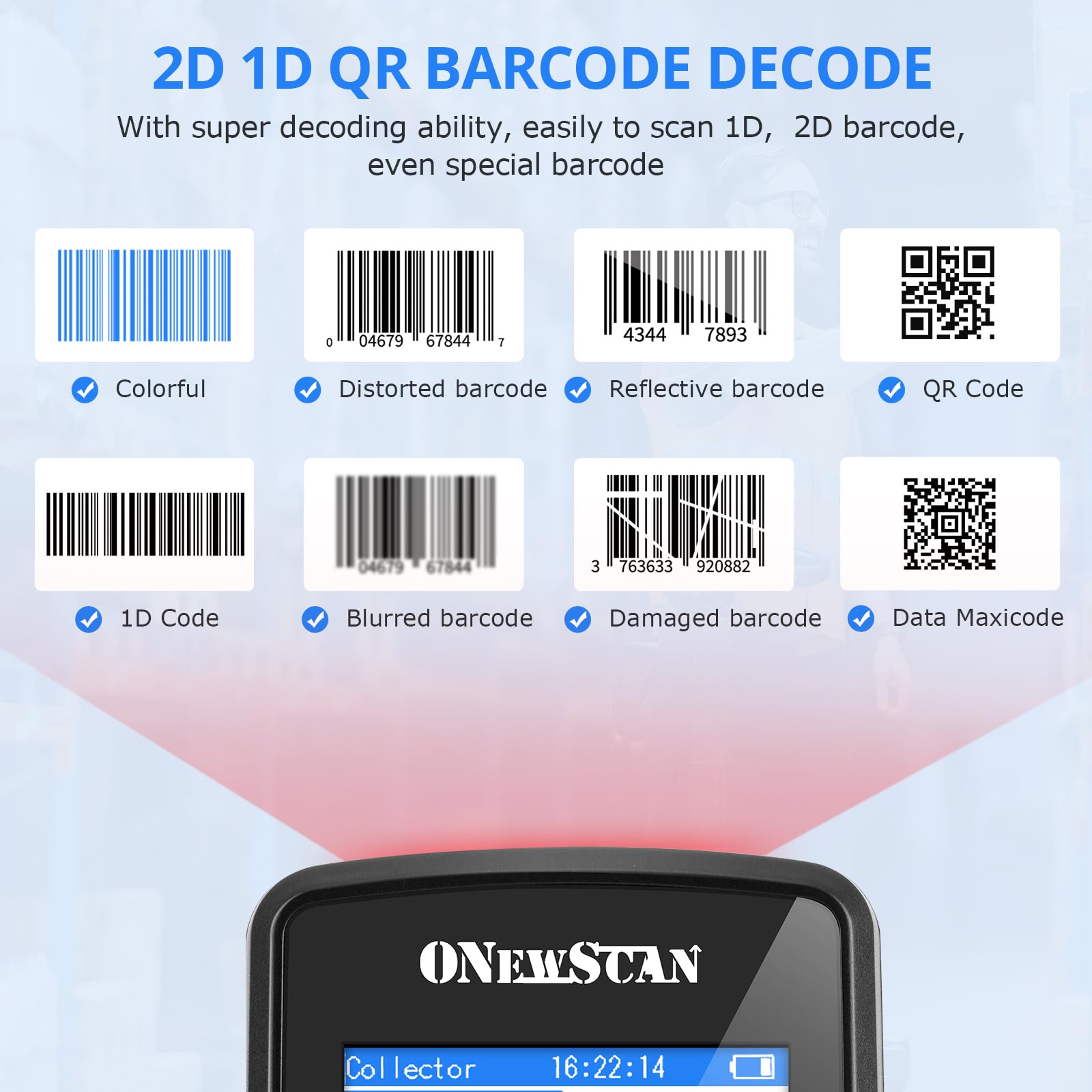 Kabelloser Barcode-Scanner 1D 2D PDF417, tragbarer Hand-Scanner mit 7,1 cm TFT-Farbbildschirm