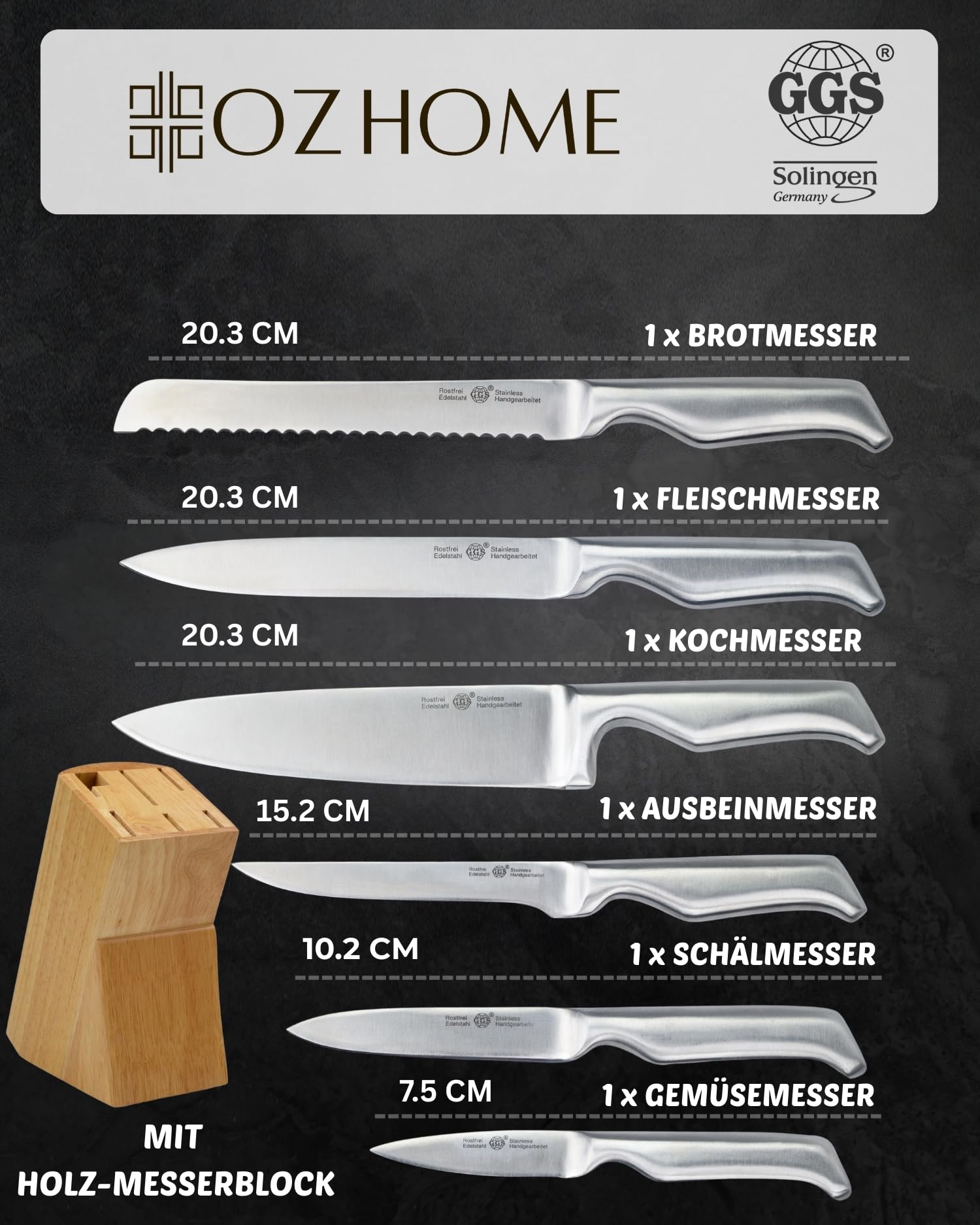 GGS Solingen Küchenmesser Set 7-teilig mit Holz-Messerblock – Edelstahl Messerset, Kochmesser Brotmesser Set, eisgehärtet, handgeschärft, rostfrei, komplettes Messerset, Geschenkset, Made in Germany