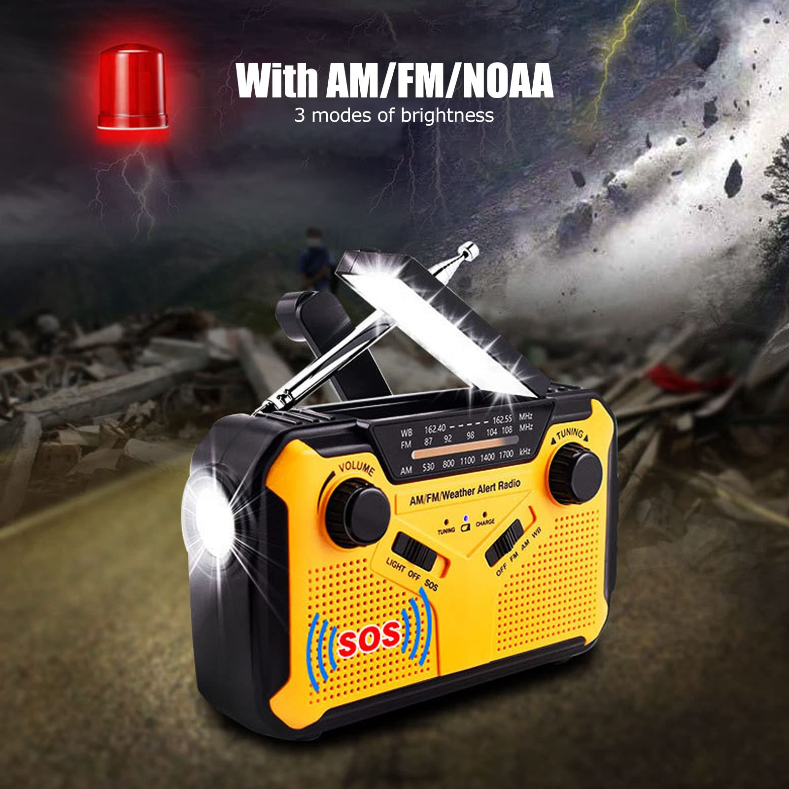 Solar Hand Crank Emergency Radio, Support 4 Power Supply Flashlight Reading Lamp & SOS Alarm, Portable AM FM NOAA Weather Radio with 3 Brightness Modes for Camping, Emergency (Yellow)