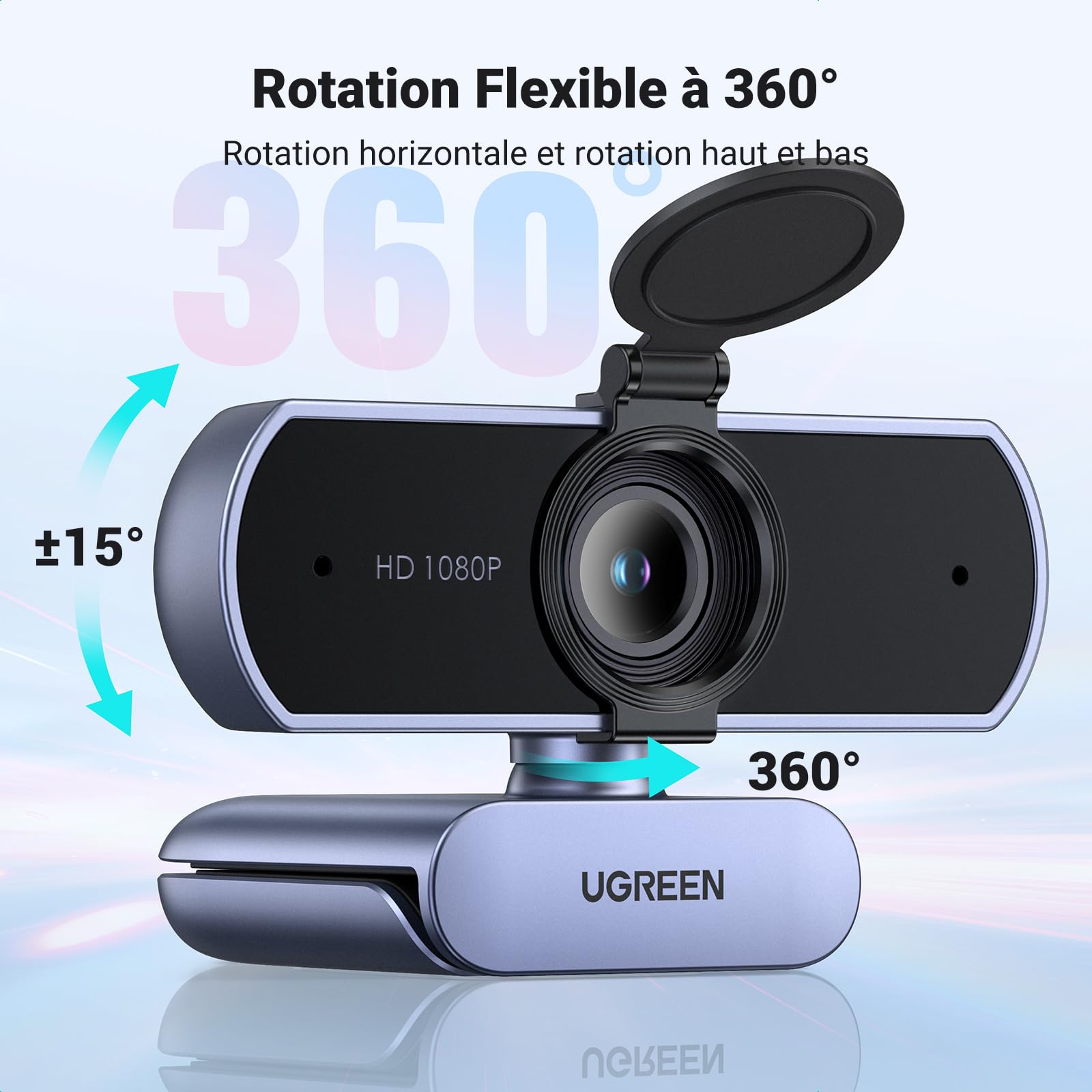 UGREEN Webcam Full HD 1080P 30FPS Caméra USB PC Mise au Point Fixe Deux Micro 360° Rotation Plug Play Windows MacOS Linux