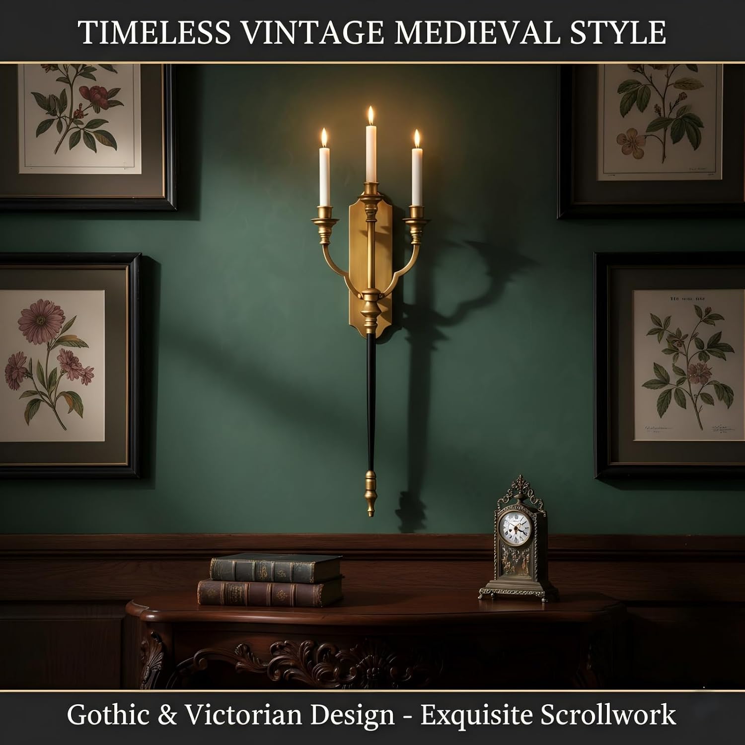 Gothic Wall Sconce Candle Holder 3-Arm Medieval Retro Gold Wall-Mount Metal Candle Holders Hanging Iron Wall Candle Sconce for Home,Living Room, Bathroom, Dining Room, 1pack