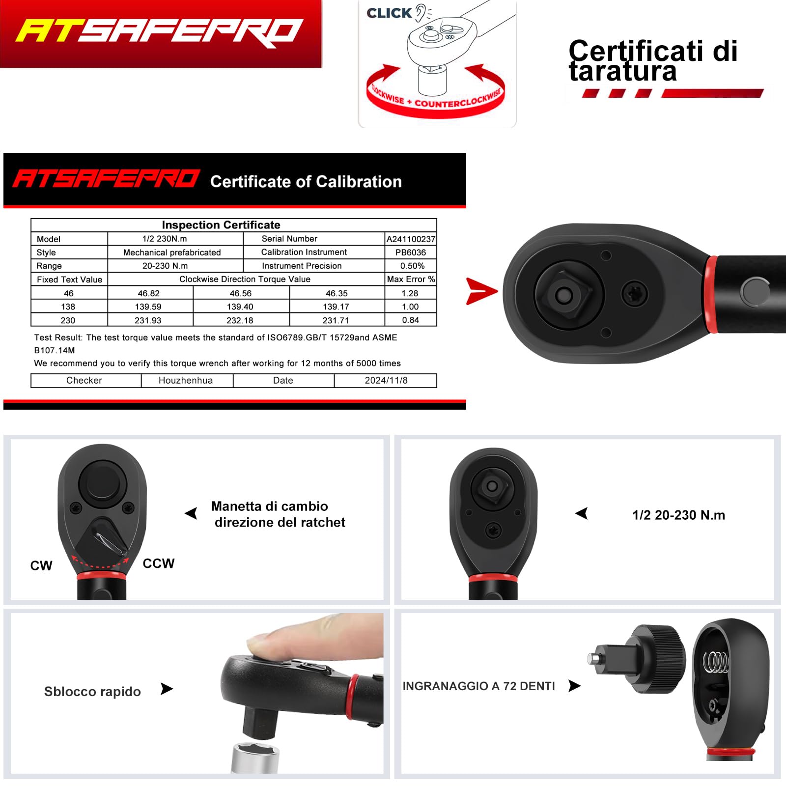 ATsafepro Chiave Dinamometrica Set 1/2'',Chiave Dinamometrica Auto 20-230 Nm/14.8-169.7 lbf.ft，Adattatore da 1/2“ a 3/8'',125mm Barra Prolunga,Precisione ± 3% 72 denti