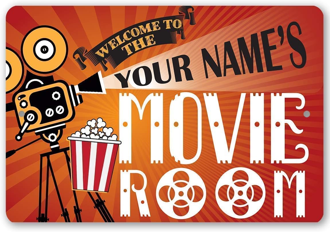 Personalized Movie Room - Great Home Movie Theater Accessories, Retro Vintage Happy Hour Popcorn Sign, Customized Family Housewarming Gift, 8x12 or 12x18 Use Indoors or Outdoors Durable Metal Sign